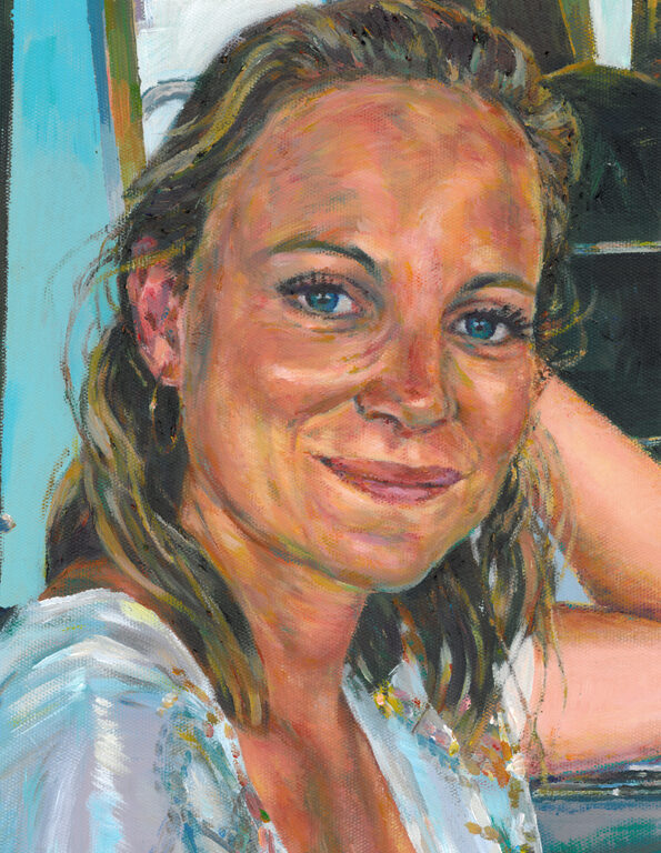 Portrait painting of a young woman smiling at the viewer