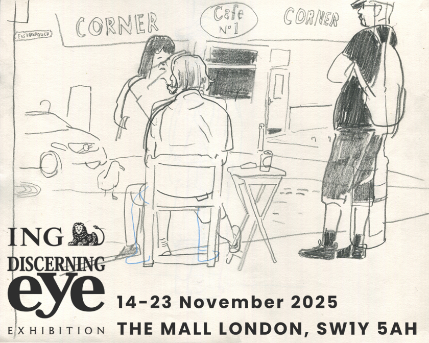 Line drawing of a street corner conversation with text exhibition dates: 14-23 November 2025 at the Mall Galleries London