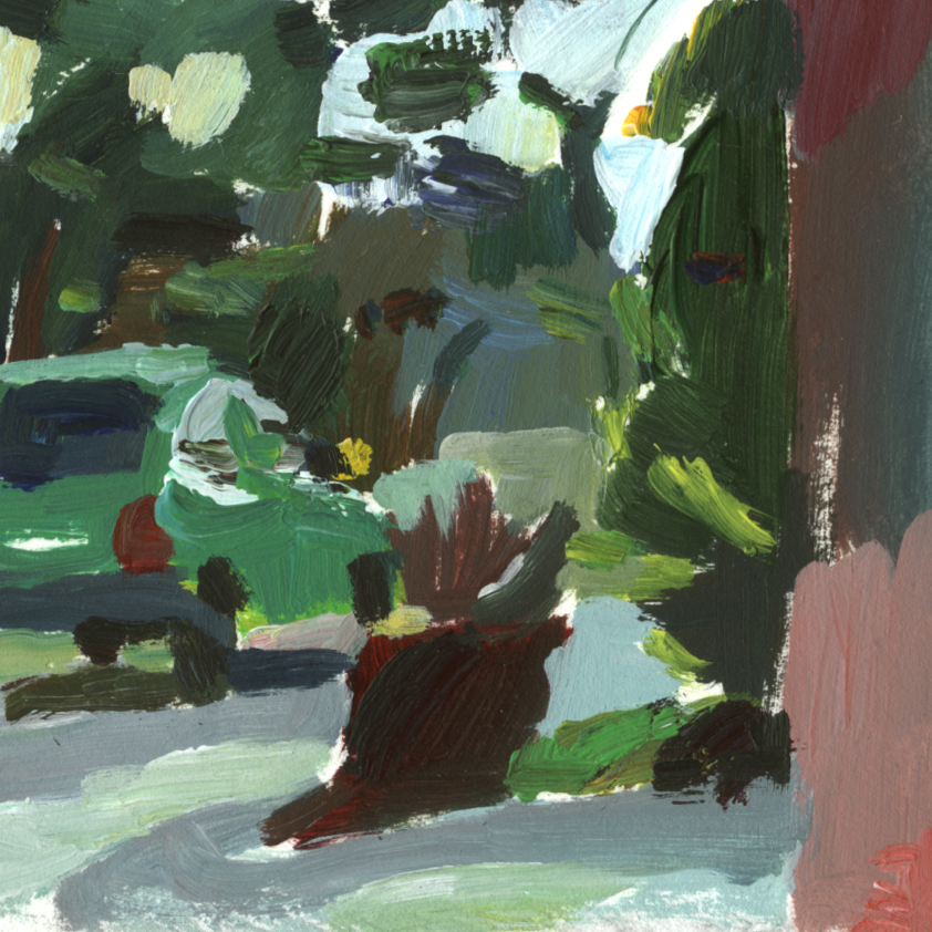 Acrylic painting of a car at dusk parked in a yard on a warm Mediterranean evenng