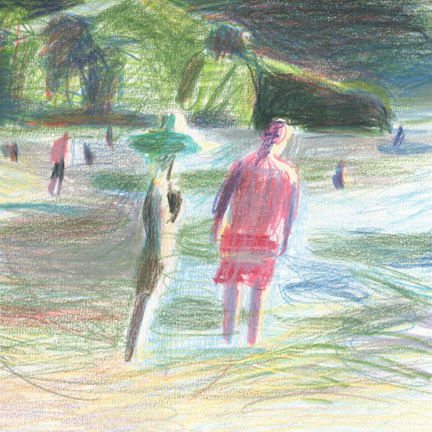 Crayon drawing of 2 holiday makers at the beach in beachwear standing in the sea on a bright day