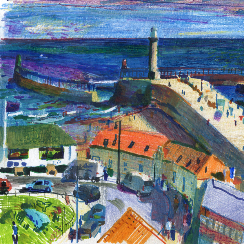 Crayon and felt pen drawing of a harbour with lighthouses, people on the pier and buildings in the foreground