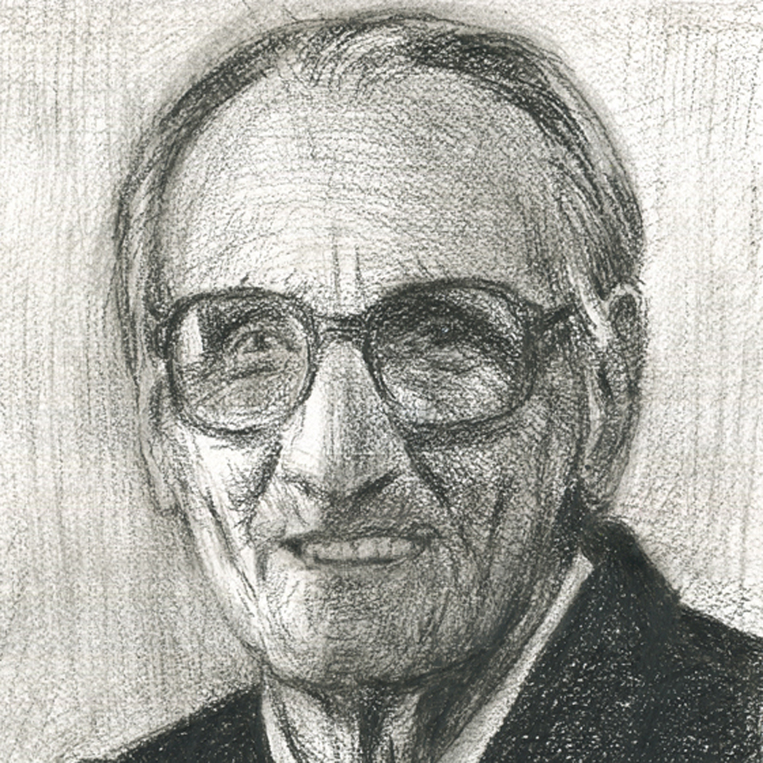 Black & white portrait in black crayon of an elderly man with glasses