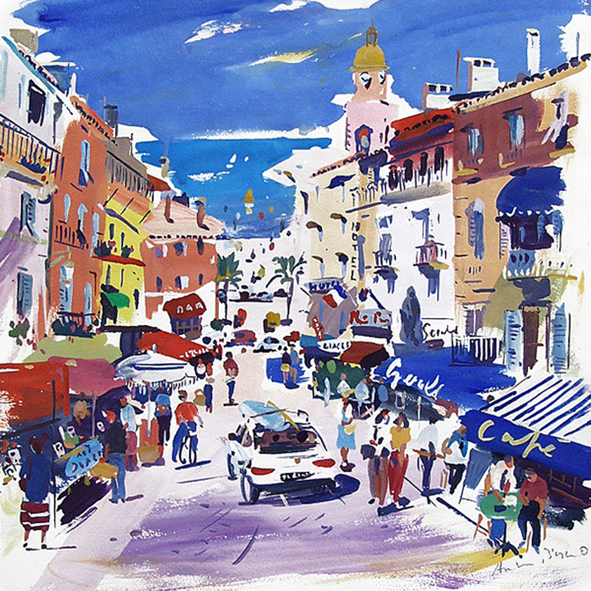 Loose brightly-coloured gouache painting of a Mediterranean Street leading to the sea in summer